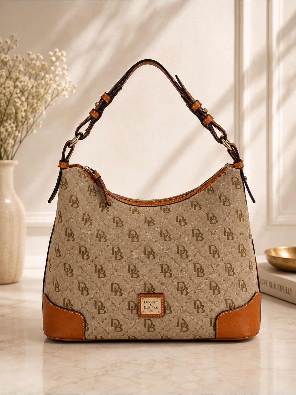 Dooney & Bourke Tan Brown Monogram Canvas leather Shoulder Bag
